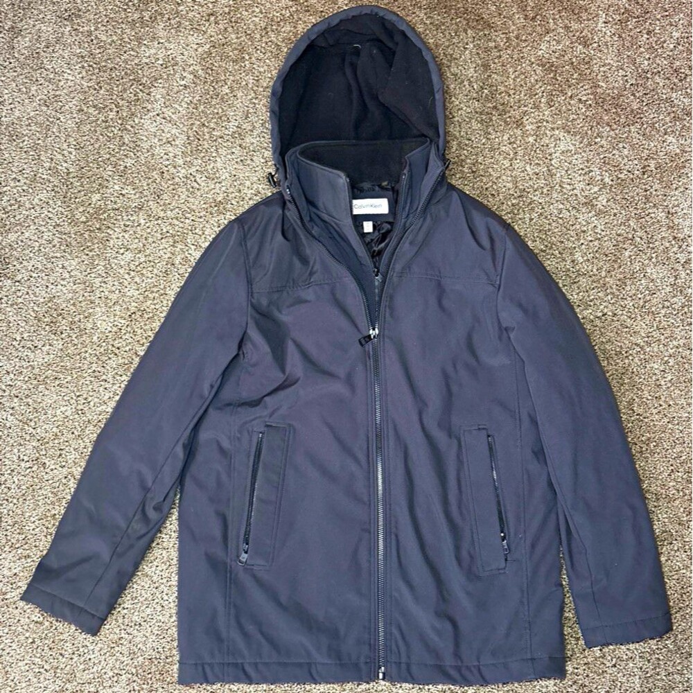 Calvin Klein Mens M Gray Parka Stand-Up Collar Full Zip Hood Lined Pockets